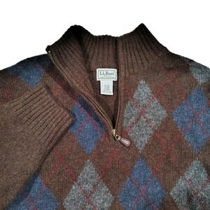 L.L. Bean Sweater Brown Wool Shetland Mens XL Argyle 1/4 Zip Diamond Casual
